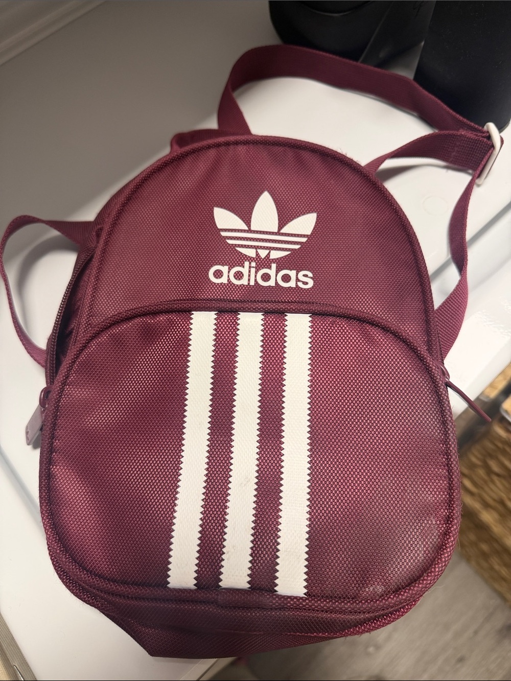 adidas Womens Mini Burgundy Backpack with White Stripes